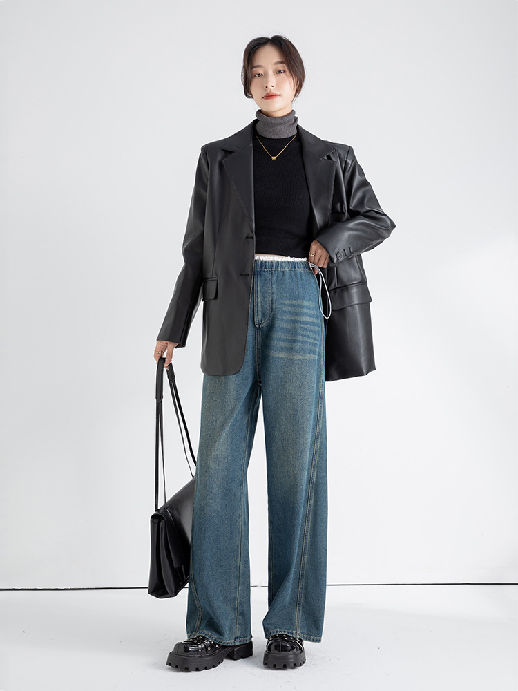 YTL jeans spring and autumn elastic Denim wide leg pants mop straight drawstring pants pear-shaped casual pregnant women's jeans