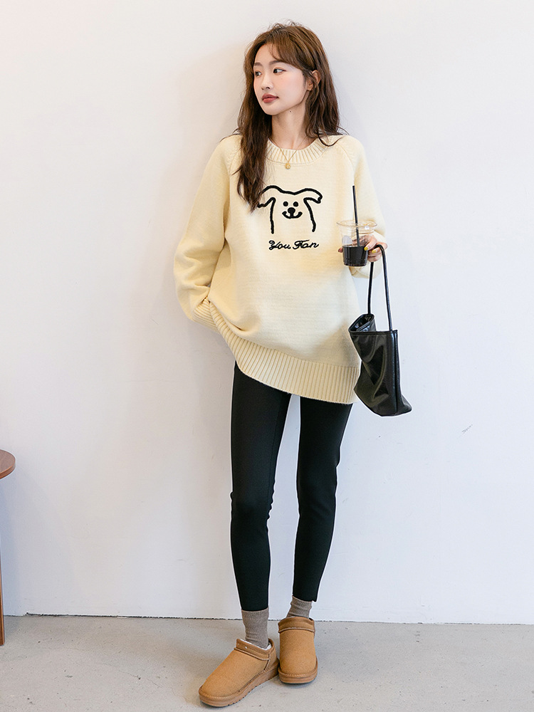 Autumn and Winter Maternity Fashion Korean Knitted Sweater Loose Stretch Cartoon Pattern Round Neck Knitted Sweater Mid-length