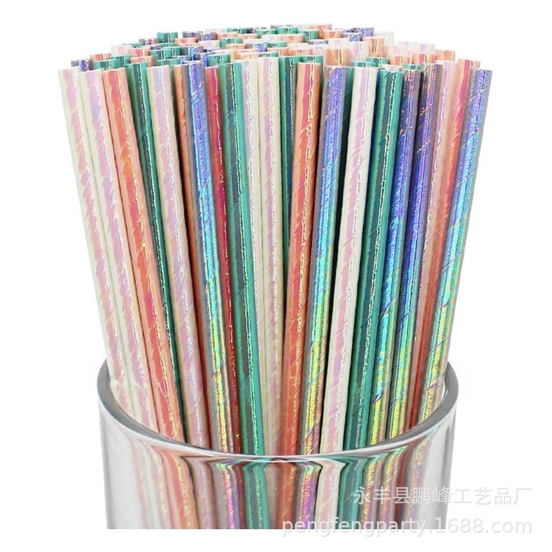 In stock straight hair laser paper straw disposable color paper straw Pearl film Rainbow straw