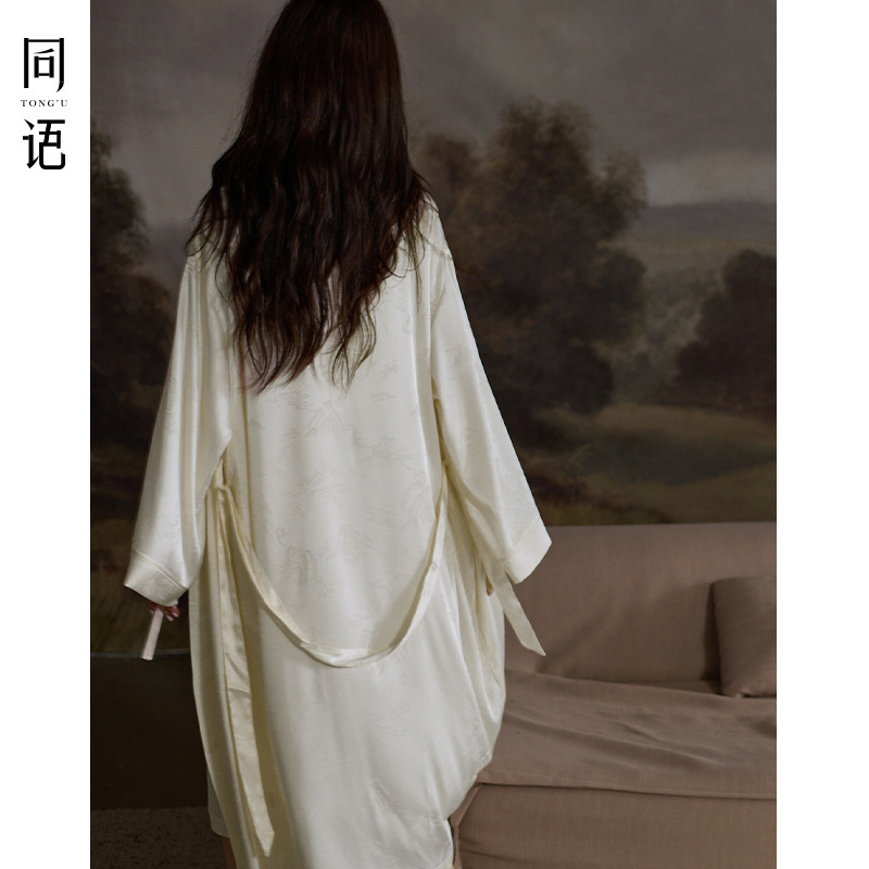 Same Language Morning Gown Women's Spring and Autumn Ice Silk Long Sleeve Nightgown Mid-length Winter Bathrobe Pajamas Two-piece Set Skirt with Sling