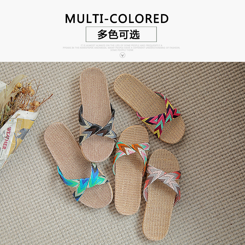 Linen Slippers Women's Summer Household Indoor Home Office Floor Anti-Slip Bottom Couple's Handmade Slippers for Men