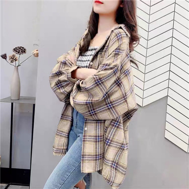 Spring and Autumn Coat 2023 New Arrival Plaid Shirt Women's Sanding Long-Sleeved Loose Sunscreen Shirt Retro Hong Kong Style All-Match Shirt