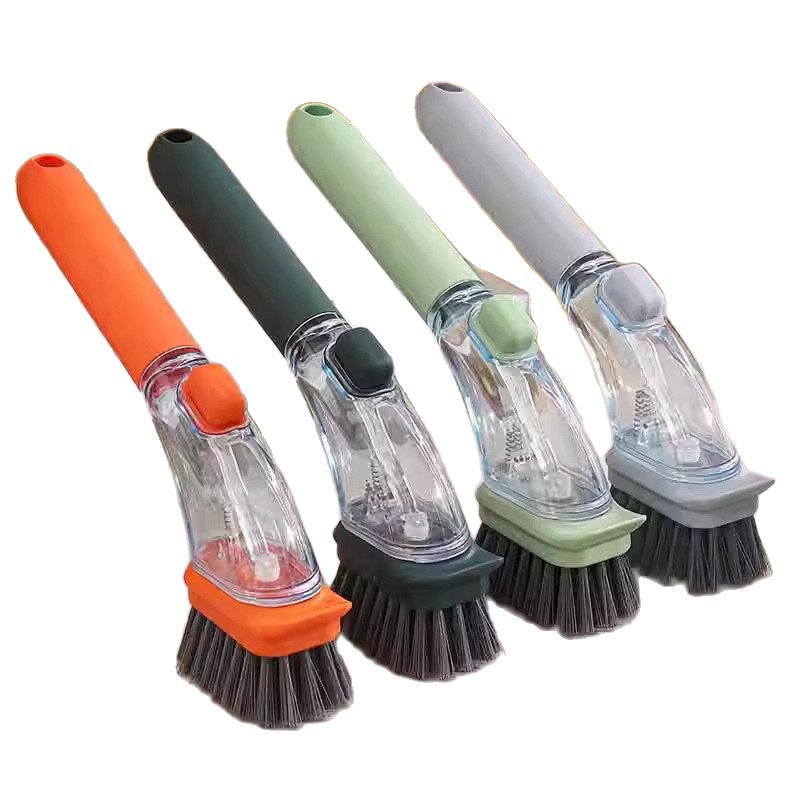 Kitchen Long-Handle Pot Scrubber with Automatic Liquid Dispenser, Dishwashing Brush, Household Pot Cleaning Brush with Integrated Detergent Dispenser