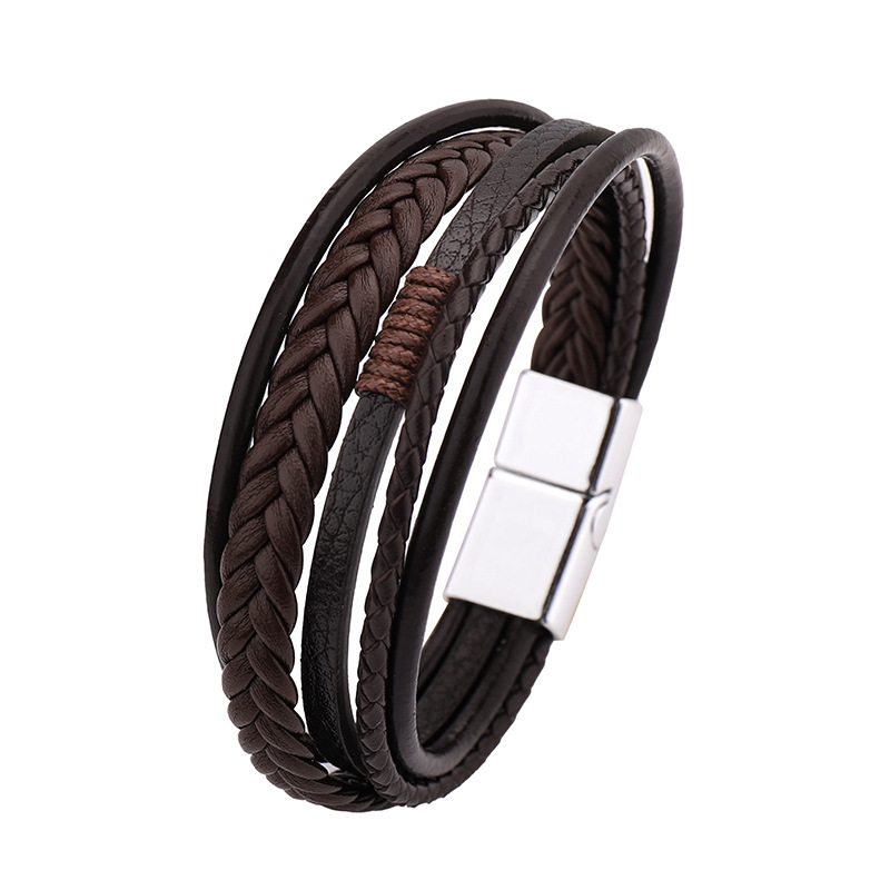 2020 new jewelry cowhide rope woven leather men's bracelet high-grade alloy magnetic buckle leather bracelet cross-border hot sale