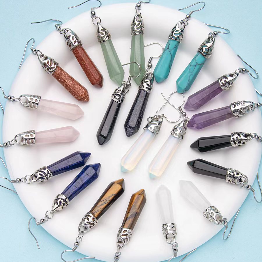 Creative fashion natural stone crystal single pointed hexagonal pillar pendant stainless steel earrings jewelry gem earrings