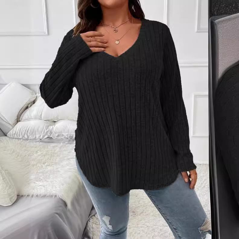 2025 Amazon Autumn and Winter New Pure Color Plus Size Women's Tops V Neck Long-Sleeved Pit Strip Brushed T-Shirt Loose Pullover