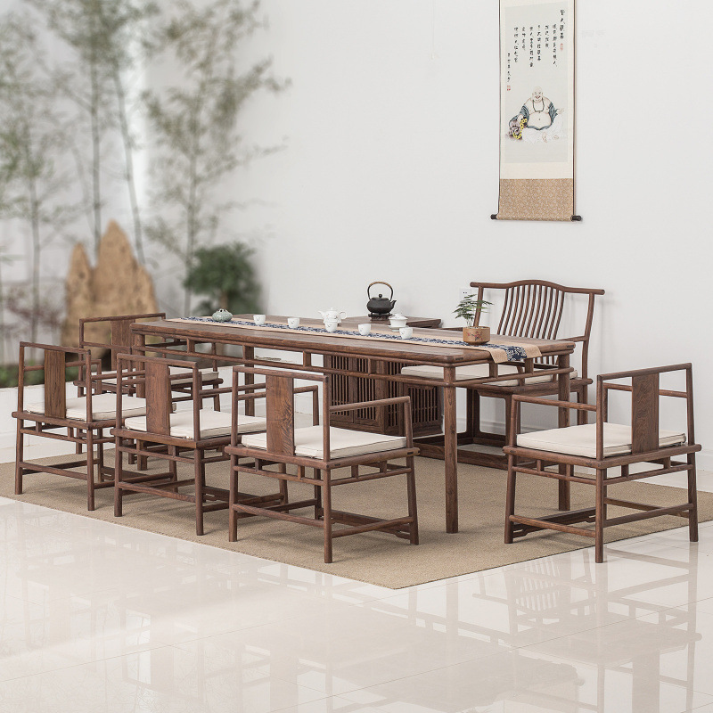 New Chinese Style Tea Table and Chair Combination Old Elm Solid Wood Tea Table Black Walnut Tea Table Office Zen Tea Room Furniture
