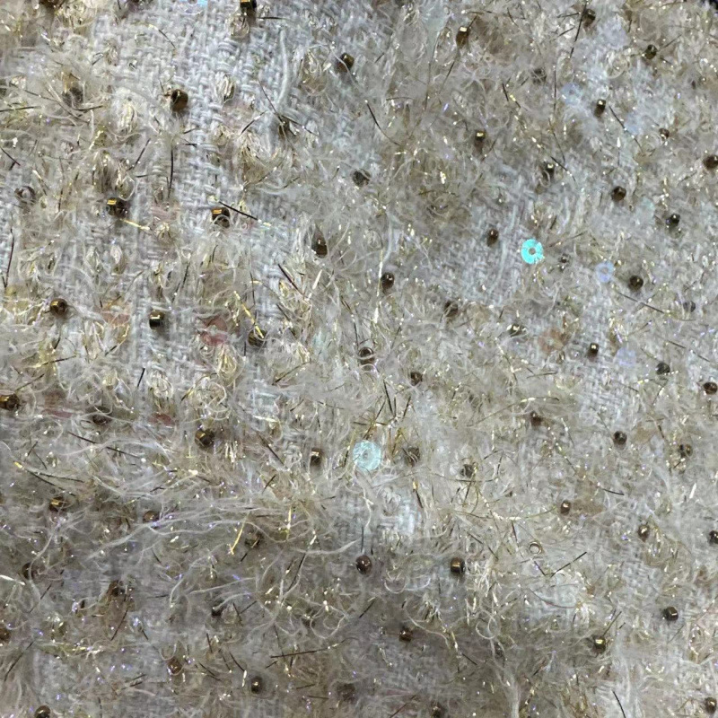 Tweed Style Fabric Woolen Fabric Gold Silk Bead Embroidery Jacket Autumn and Winter Dress Fabric Fashion