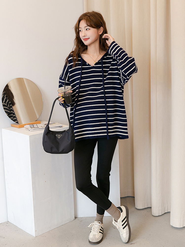 Autumn and Winter Maternity Fashion Striped Lace-up Maternity Sweater Base Shirt Loose Mid-length Casual Inner Knitted Sweater