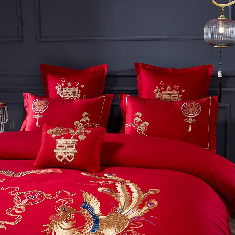 Wedding Four-Piece Set Wedding Wedding Room Quilt Bed Sheet Dragon and Phoenix Embroidered Quilt Cover Wedding Big Red Bedding