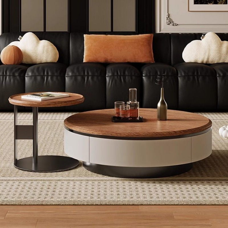 Medieval Style Walnut Color Round Solid Wood Multi-Layer Board Coffee Table Modern Simple Light Luxury Living Room Home New Style