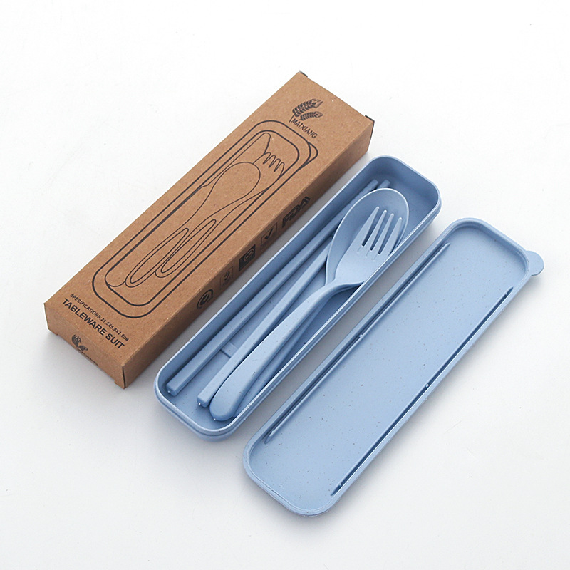 Wheat Straw Tableware Box Portable Outdoor Travel Wheat Flavor Spoon Fork Chopsticks Three-piece Tableware Set Gift logo