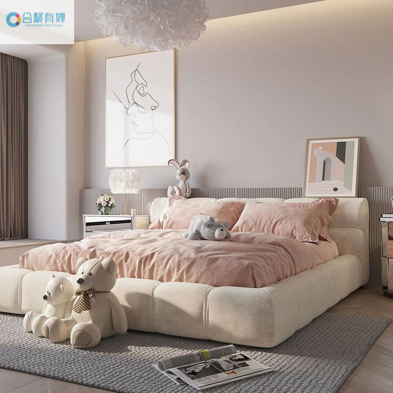 Modern Minimalist Master Bedroom Furniture Set with Genuine Leather Double Bed, Cream Puff Internet Celebrity Bed