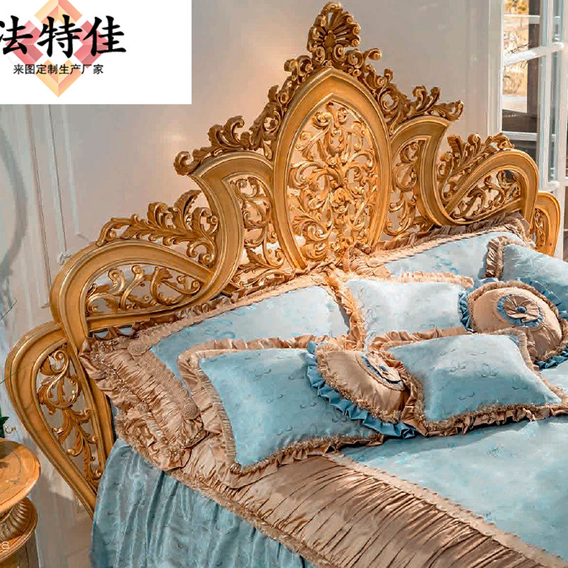 European Double Bed French Luxury Solid Wood Carved Master Bed 1.8 m Fabric Princess Bed Villa Furniture