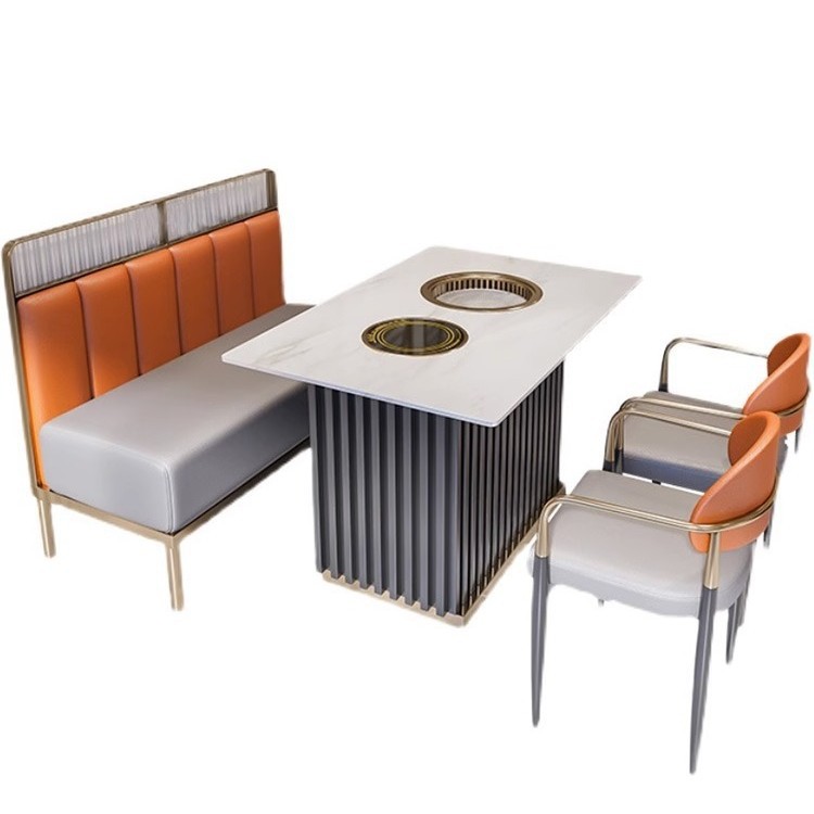 Commercial marble rock plate stainless steel self-service barbecue hot pot table shop smoke-free induction cooker baking and washing integrated table