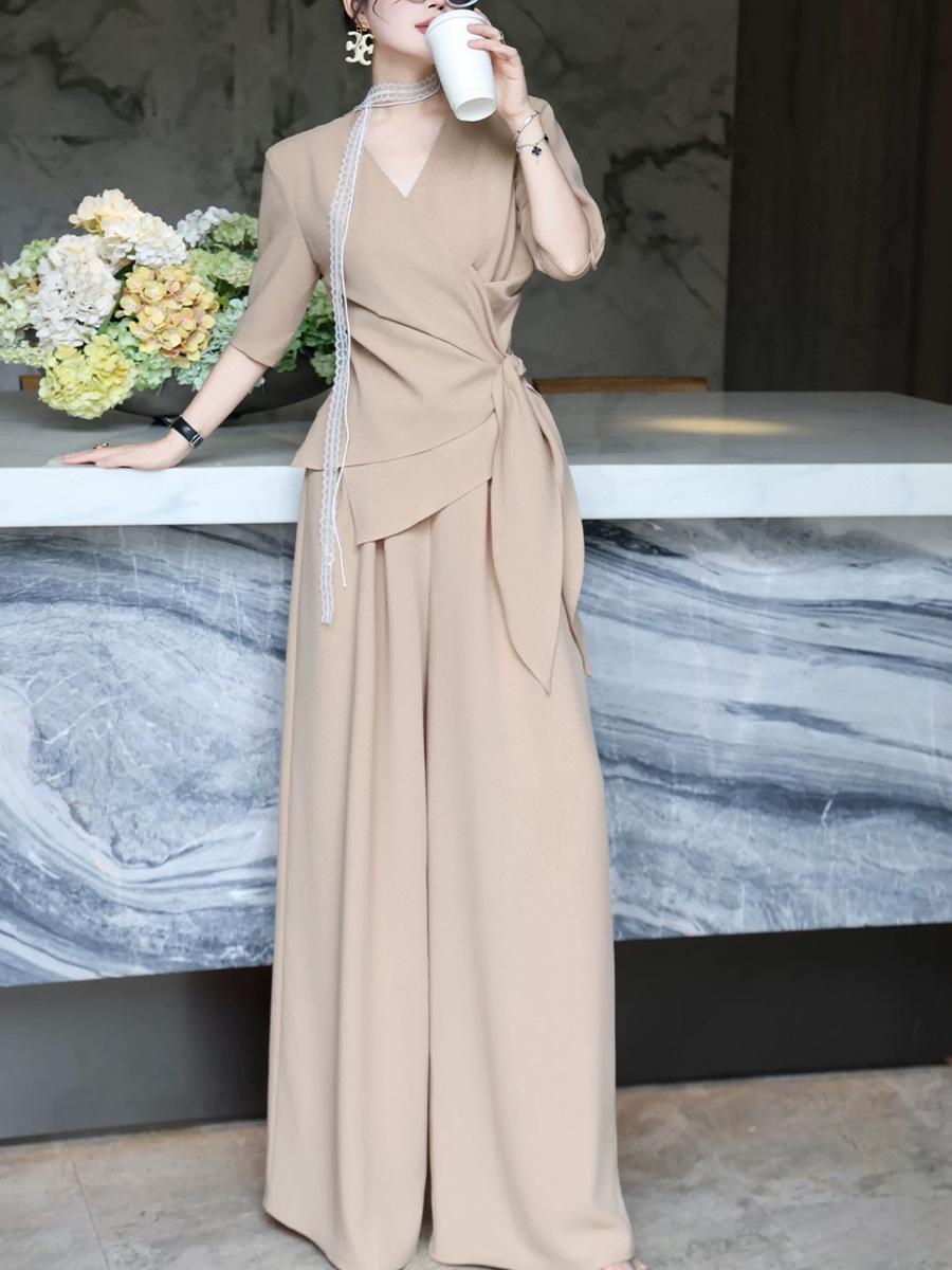 plus size women's summer new fashion suit women's chubby girl irregular waist strap wide leg pants two-piece 2590