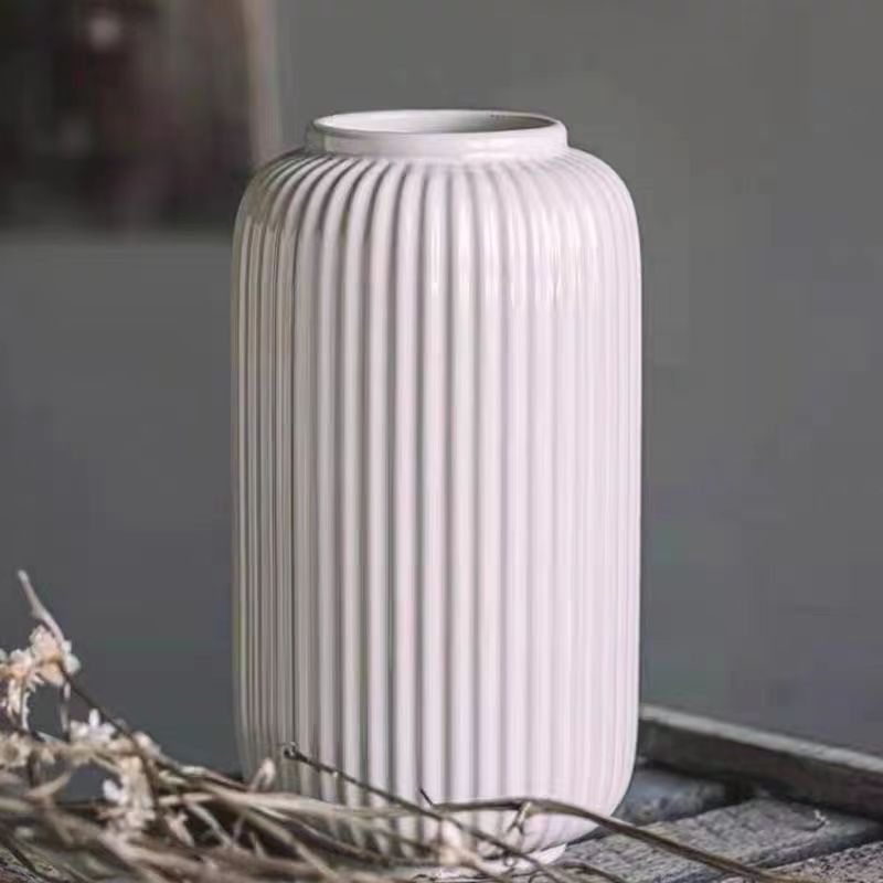 White Vertical Pattern Ceramic Handmade Flower New Year Vase Stripe Suijia Inner and Outer Glazed Simple Ornaments Hydroponic