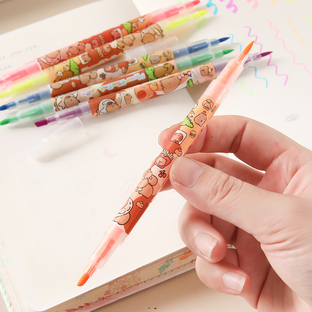 Kappi Bala Double Head Highlighter 6 Pack Student Stationery Stroke Key Sentence Marking Pen Color Oblique Head Marking Pen