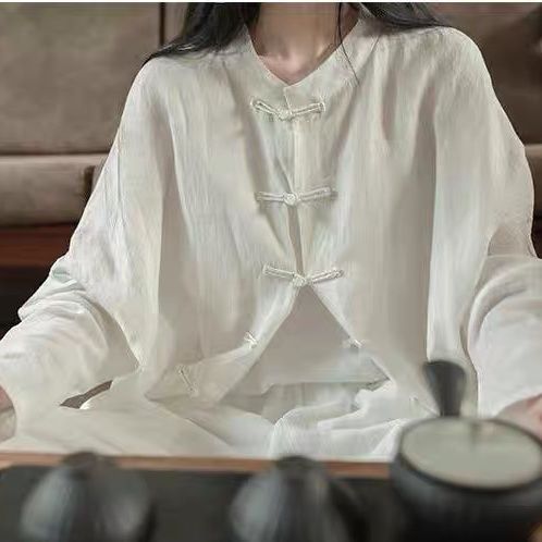 Rikyu White Tea Homemade Zen Buckle Loose Shirt Han Dynasty Style White Shirt Women's Mid-Length