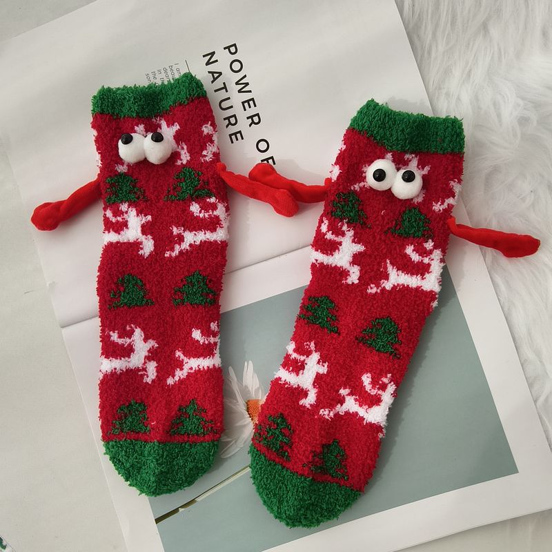 Hand-in-hand Christmas Socks Coral Fleece Winter Thickened Warm Mid-tube Socks Women's Cartoon Cute Sleep Socks Cross-border Socks