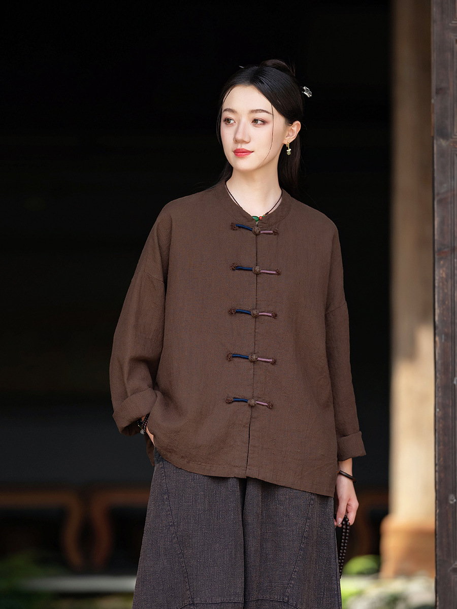 25 New Original Cotton and Linen Women's Clothing Retro National Style Button Contrast Color Wrap Online Cardigan Women's Zen Ramie Jacket
