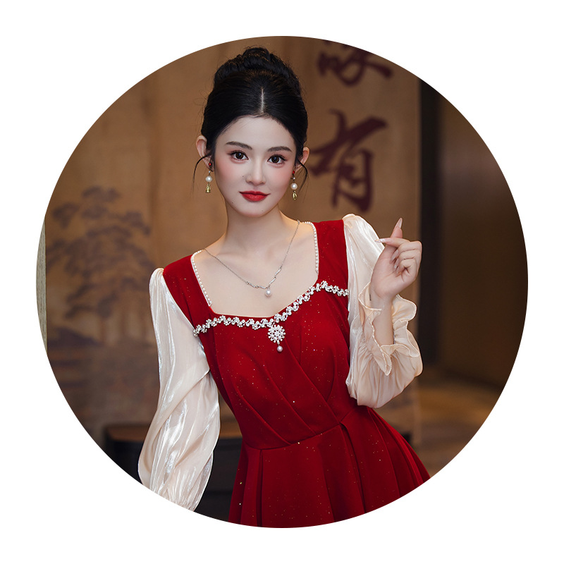 Red Velvet Engagement Dress Summer Burgundy Wedding Bride Pregnant Fat mm Toast Dress Slimming Look