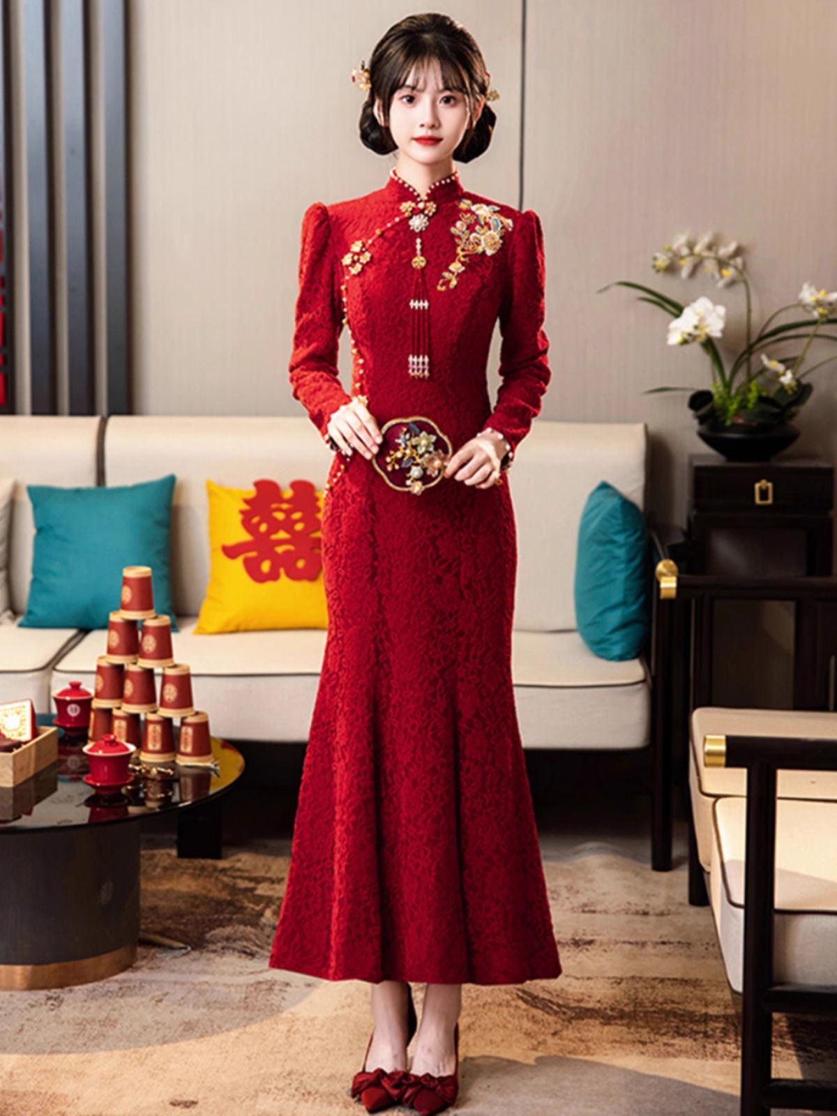 New Chinese Winter Toast Dress 2024 New Bride High-end Wedding Door Engagement Dress Cheongsam Fish Tail