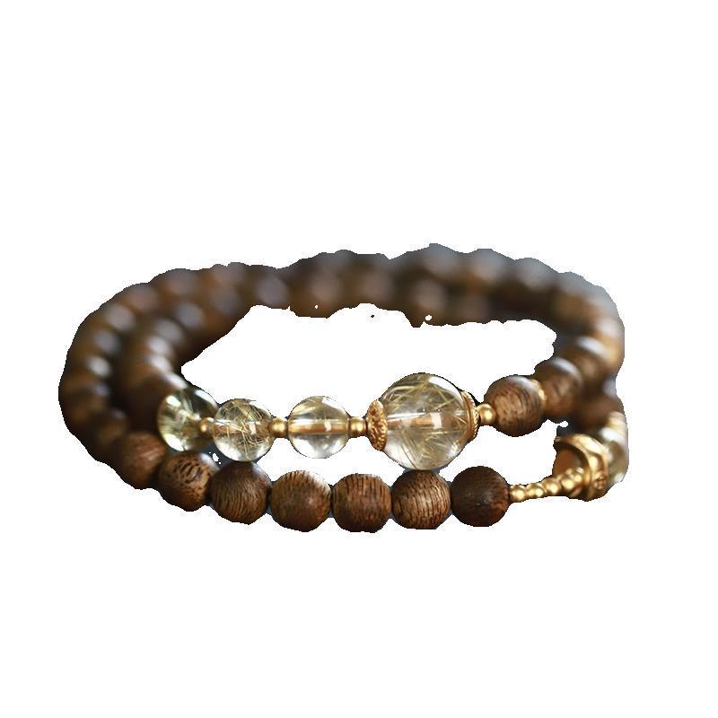Indian Mysore Laoshan Sandalwood Beaded Double Circle Bracelet Chinese Style Light Luxury Niche Golden Rutilated Quartz Sterling Silver Bracelet Gift