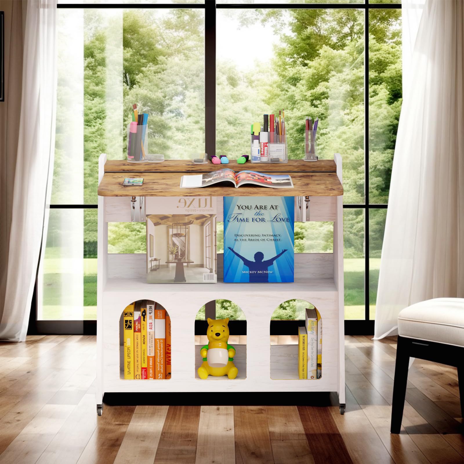 Home Office Desk with Wheels, Rolling Computer Writing Table with Neutral Lockable Wheels and Storage