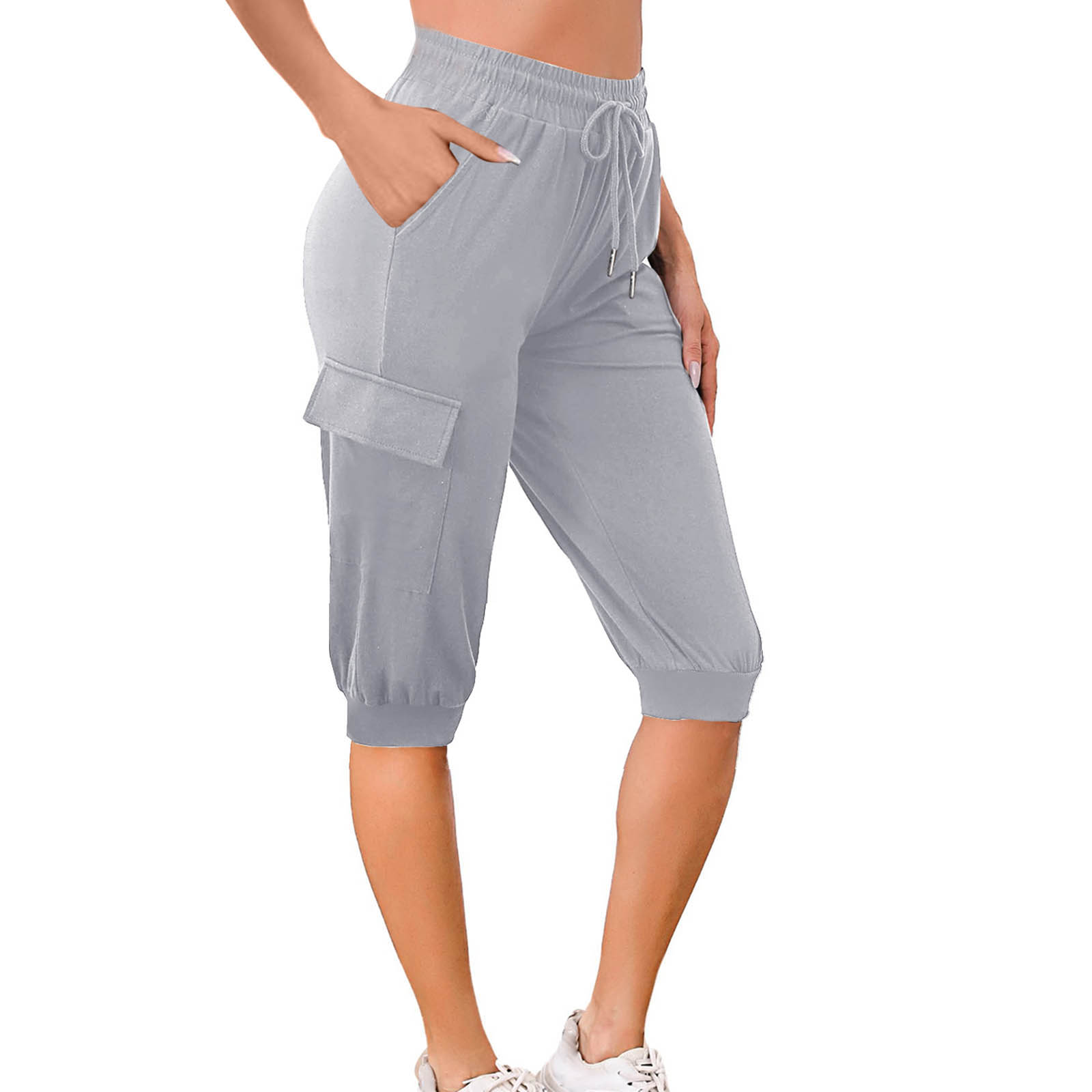 in stock 2024 Summer Cross-border European and American Seven-point Casual Tight High Waist Rope Multi-bag Sports Short-sleeved Yoga Pants