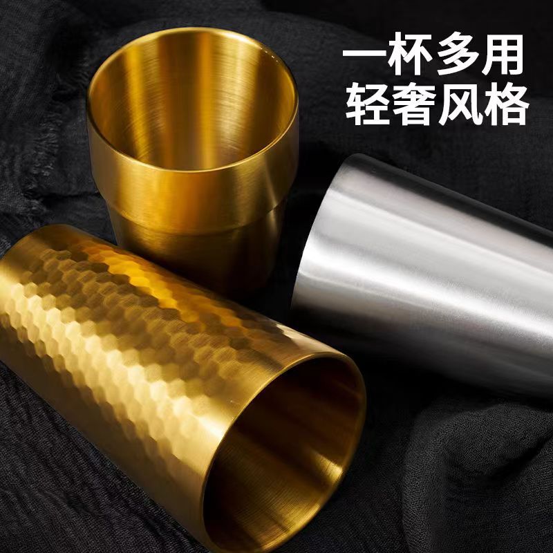 304 stainless steel hammer pattern Cup double-layer Cup Korean Cup heat insulation Cup gold-plated cup ins style barbecue shop Cup diamond pattern