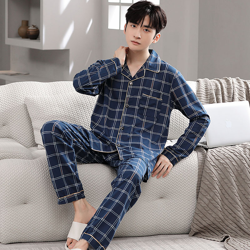 Pajamas for Men Spring and Autum 2025 New Pure Cotton Long-Sleeved Korean Home Clothes Youth Two-Piece Set Can Be Worn Outside