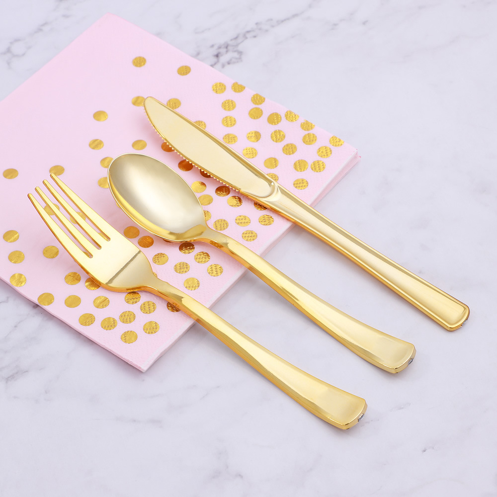 0.21 Yuan/Piece Manufacturer's Spot Uv Electroplating Disposable Knife, Fork and Spoon for Meal Birthday Party Set Cross-Border Supply