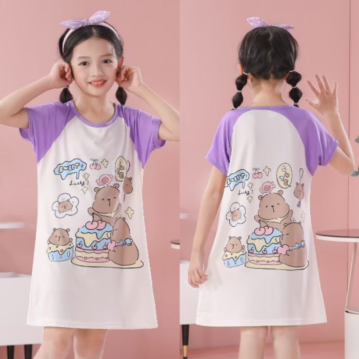 2025 Children's Nightgown Summer Short-sleeved Girls Baby Thin Little Girl Cartoon Pajamas Big Children's Home Clothes Summer