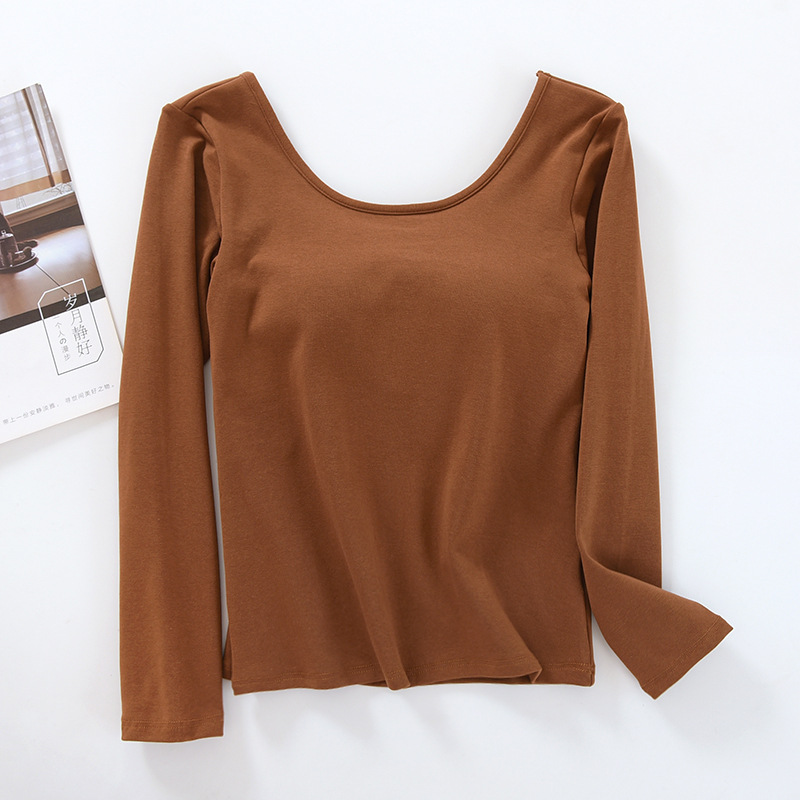Long-sleeved Cup One-piece T-shirt with Chest Pad Cotton Women's Top U-back Round Neck Spring and Autumn Inner Wear Outer Base Shirt