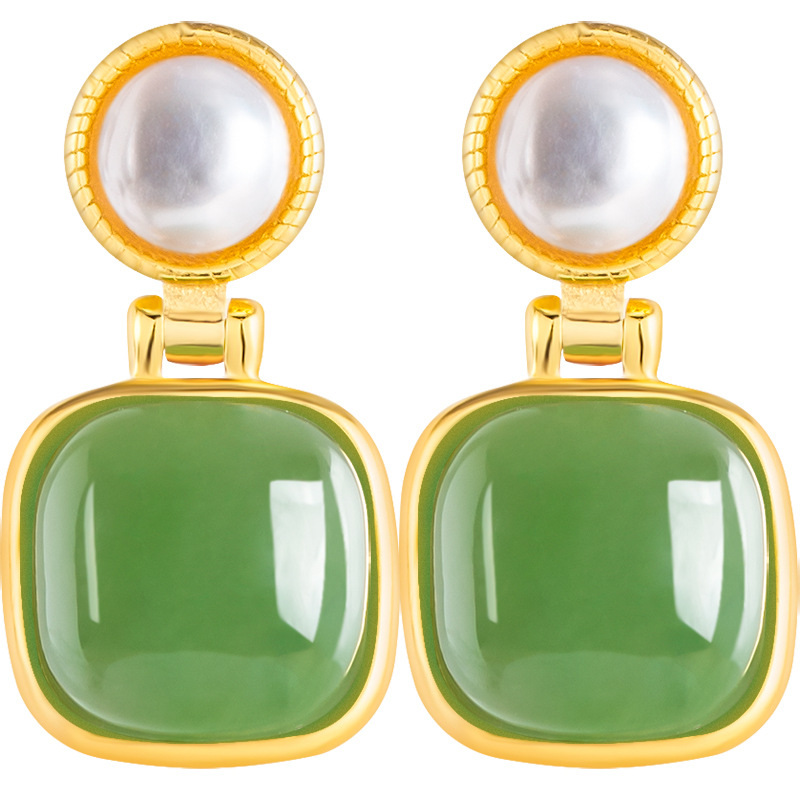 Spinach Green Natural Old Material Hetian Jade Jasper Square Pearl Earrings Women's genuine goods S925 Silver Jade Earrings