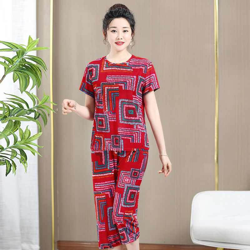 Mother Pajamas Old Lady Summer Clothes Middle-aged and Elderly Mother Clothes Summer Women's Short-sleeved T-shirt Suit Grandma Clothes