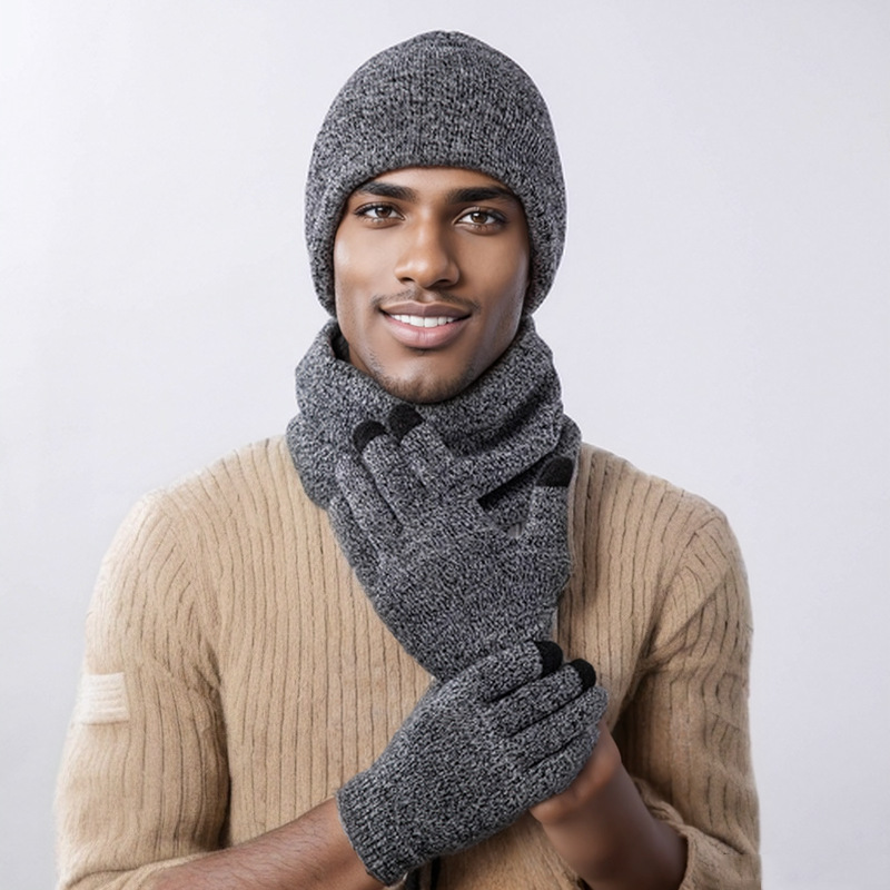 Cross-border Amazon best selling autumn and winter scarf hat gloves three-piece knitted men's and women's wool thickened velvet cold protection