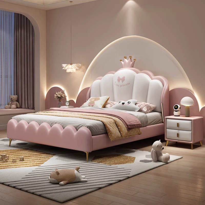 Suspended Solid Wood Bed Children's Bed Girl's Bedroom Princess Bed Light Luxury Leather Bed Small Apartment Pink Crown Double Bed