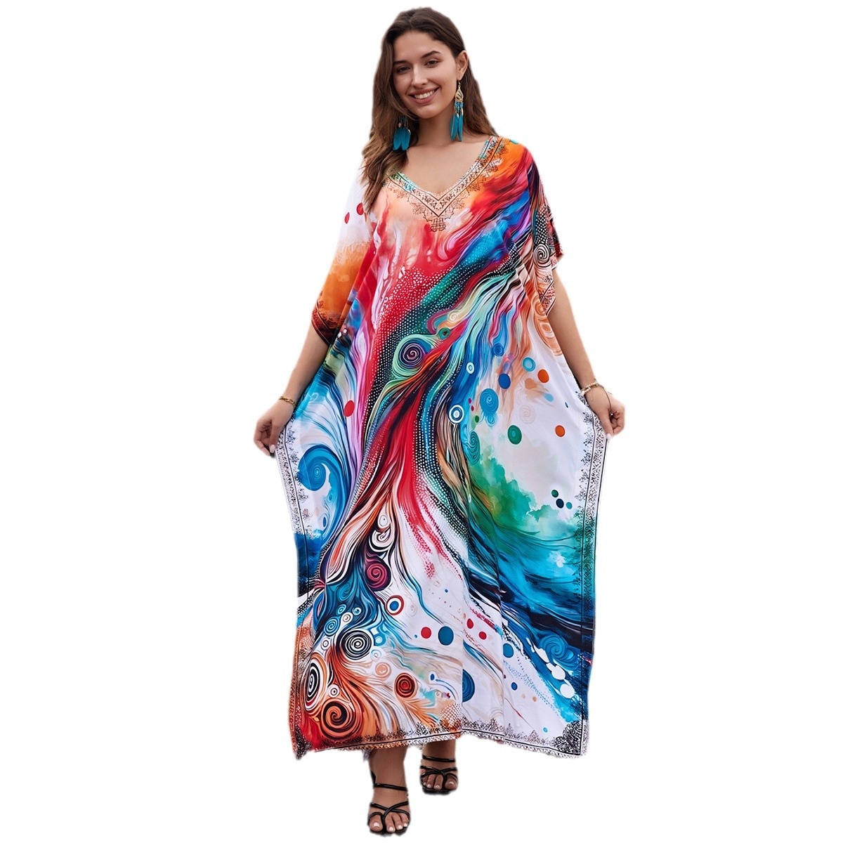 Beach Cover-Up Rayon Positioning Printed Holiday Home Robe Cross-Border Amazon 1129 (24 Colors) F
