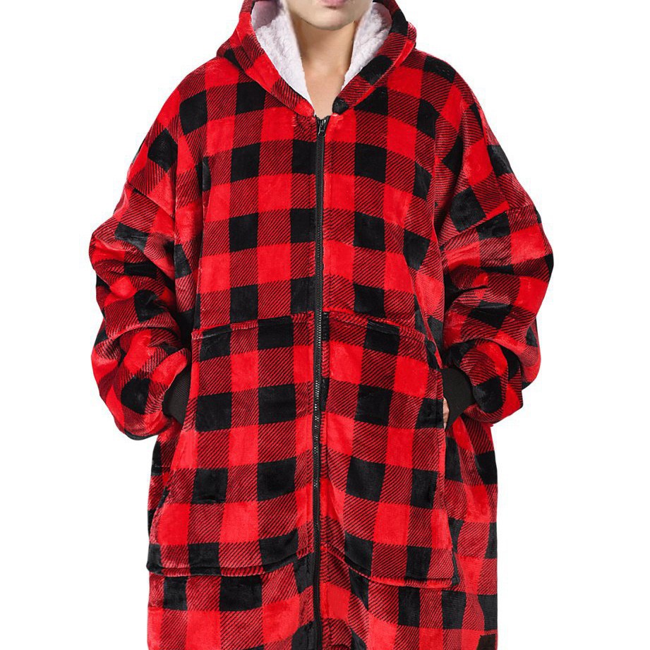 Temu Cross-Border Thickeneded Plaid Zipper Hooded Lazy Shirt Couple Home Clothes Flannel Lazy Blanket Wearable Sweatshirt