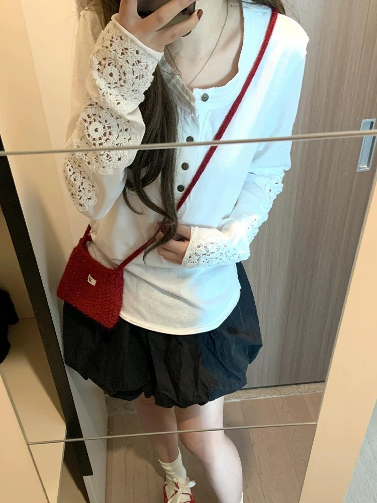 Корейский стиль, японский стиль, сладкий, нишевый дизайн, рубашка-поло с кружевным рукавом, прямые продажи