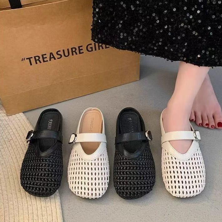 Вязаные дышащие тапочки 2025 года, летние сандалии для женщин, французские плоские полутеплые тапочки