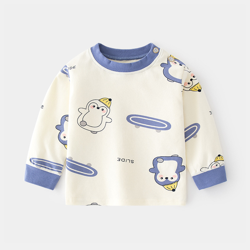 Baby's Autumn Clothes Baby Cotton Printed Vintage Cotton Cartoon Children's Spring and Autumn Underwear Base Children's Shoulder Open T-Shirt