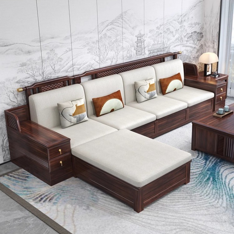 New Chinoiserie Ebony Solid Wood Sofa Home Living Room Large Apartment Fabric Large Sofa Imperial Concubine Winter and Summer Dual-Use Storage