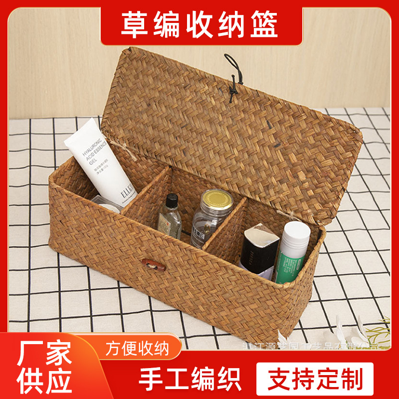 Корзина для хранения из соломы, полностью ручной работы, квадратная, с тремя отделениями и крышкой для рабочего стола