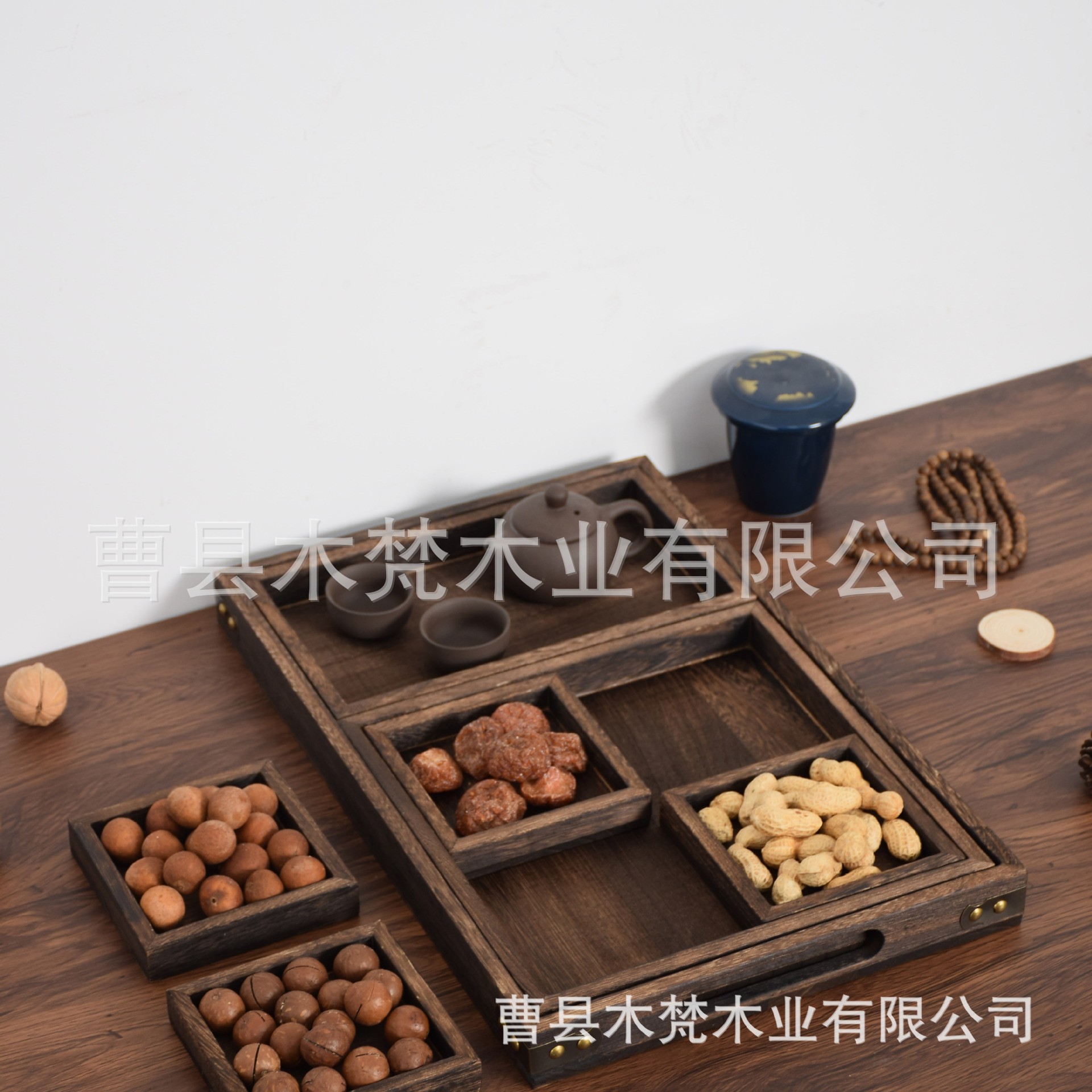 Wooden Tea Tray Afternoon Refreshment Tray for Cooking Tea in a Stove Solid Wood Tray Seven-Piece Set of Burning Tung Wood Dried Fruit Fruit Tray