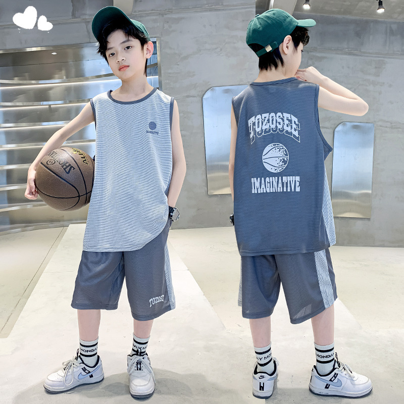 Boys Summer Suit Jersey Handsome Sports Internet Celebrity Middle and Large Kidsren Sleeveless Vest Quick-Drying Summer Kidsren's Basketball Uniform