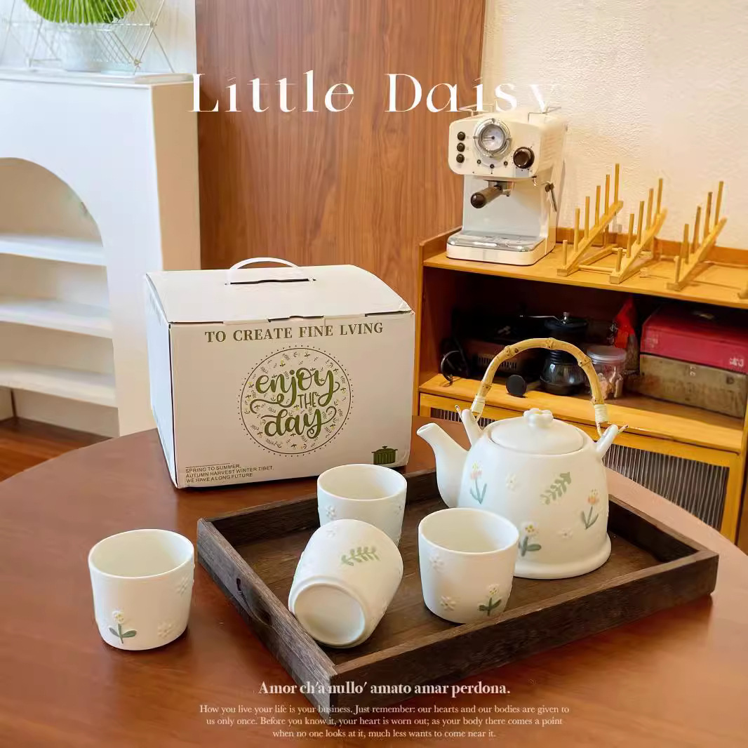 Japanese Retro Daisy Relief Bowl and Plate Set Underglaze Color Ceramic Hand-Painted Household Ceramic Tableware Wholesale