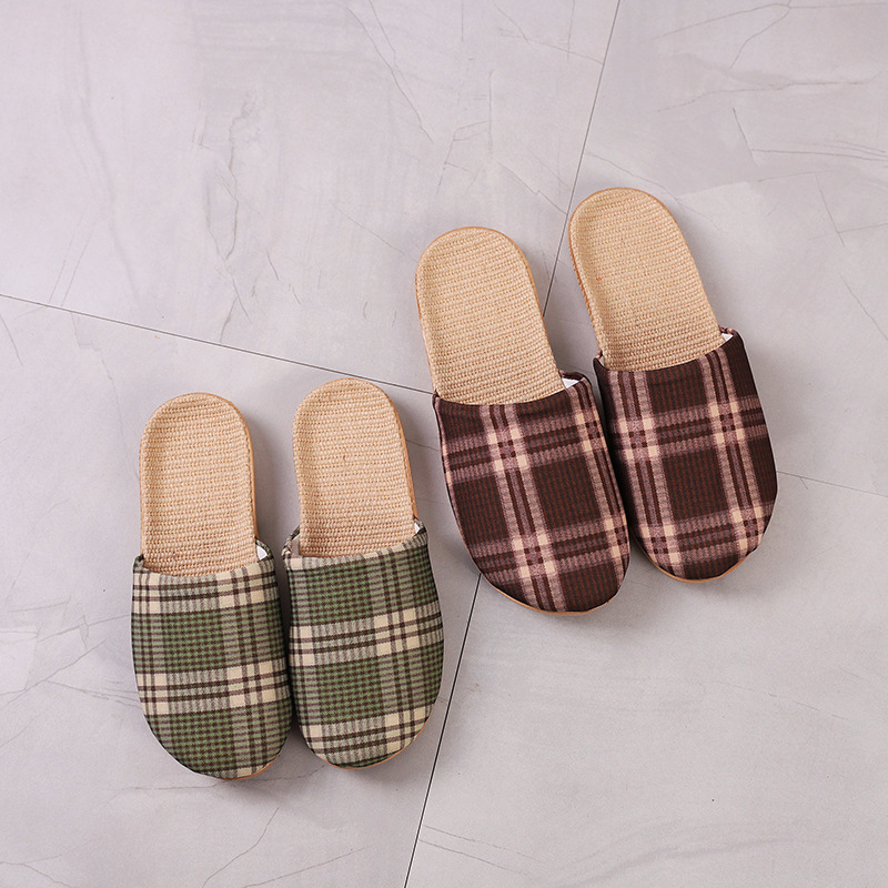 New Summer Men's and Women's Linen Plaid Korean Style Chiffon Soft Bottom Washable Household Indoor Sandals and Slippers for Outer Wear